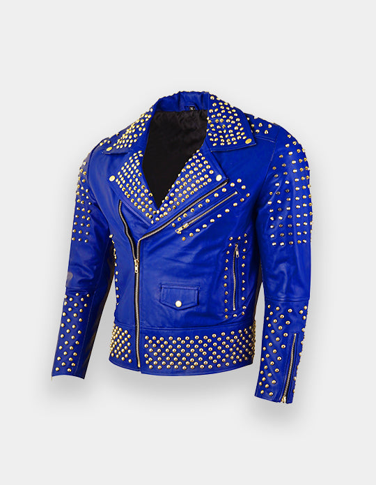 Men's Studded Blue Leather Jacket, Men Spikes and Studs jacket, Men fashion wear jacket, Punk Party
